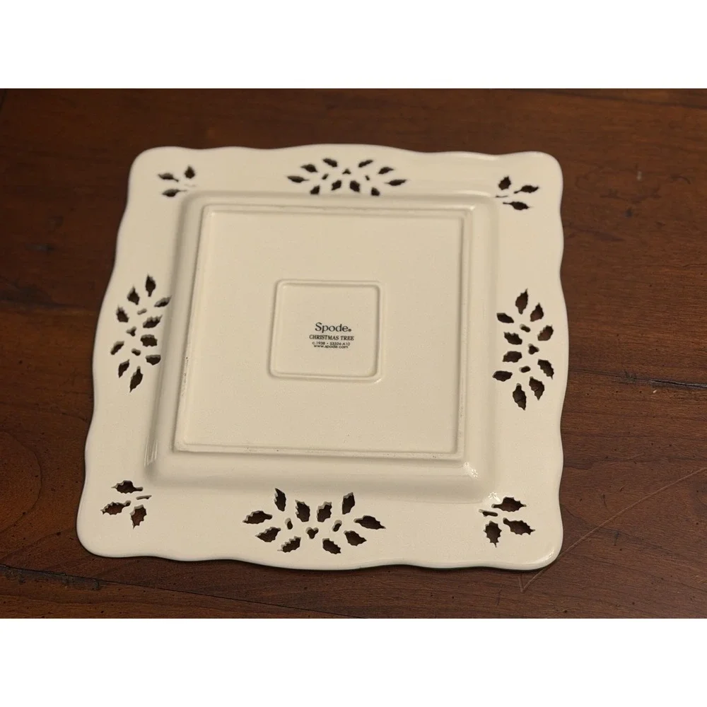 Vintage Spode Christmas Tree Pierced Square Serving Tray Plate Cutout Holly